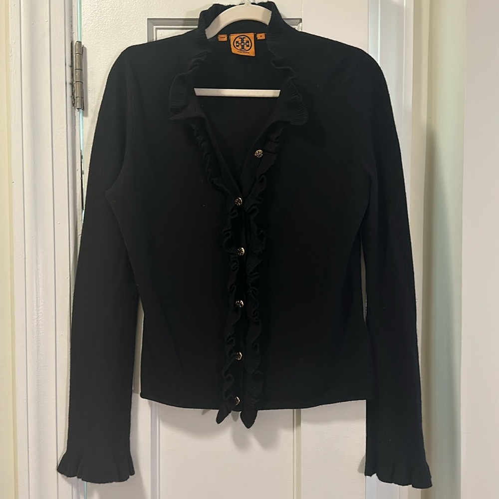 Tory Burch Black Ruffle Button Cardigan